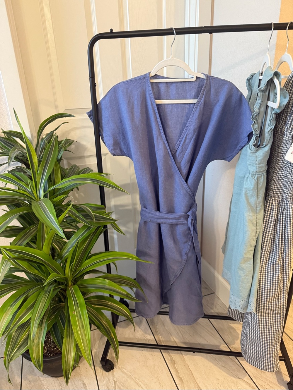 Women's Blue Wrap Dress with Tie Waist